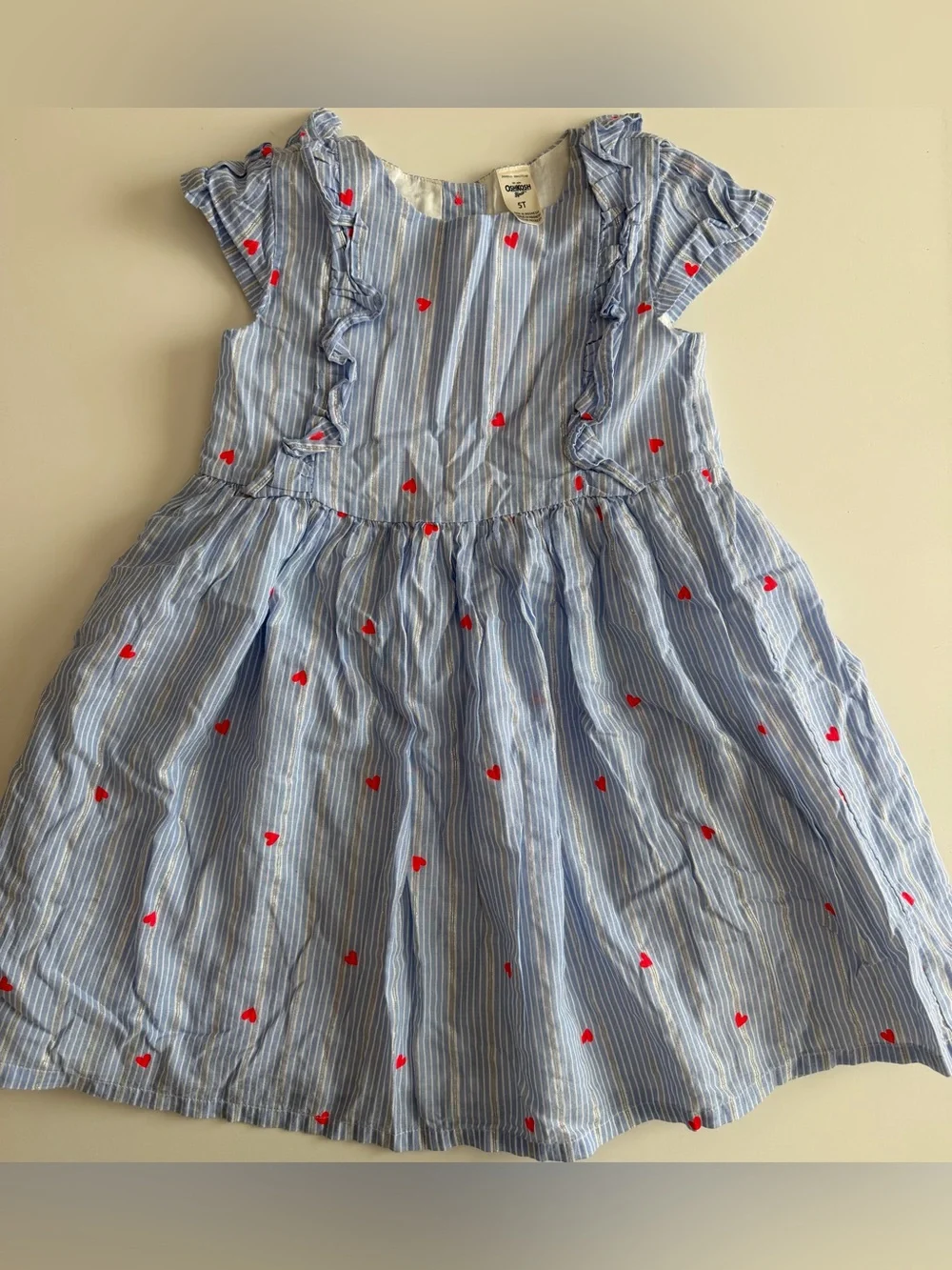 Oshkosh 5t Girls Dress White & Blue Striped with Silver Metallic accents, Hearts